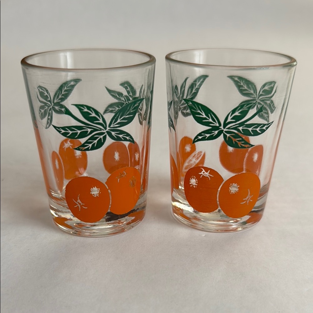 Vintage Set of 2 Orange and Green Glass Tumblers 3”